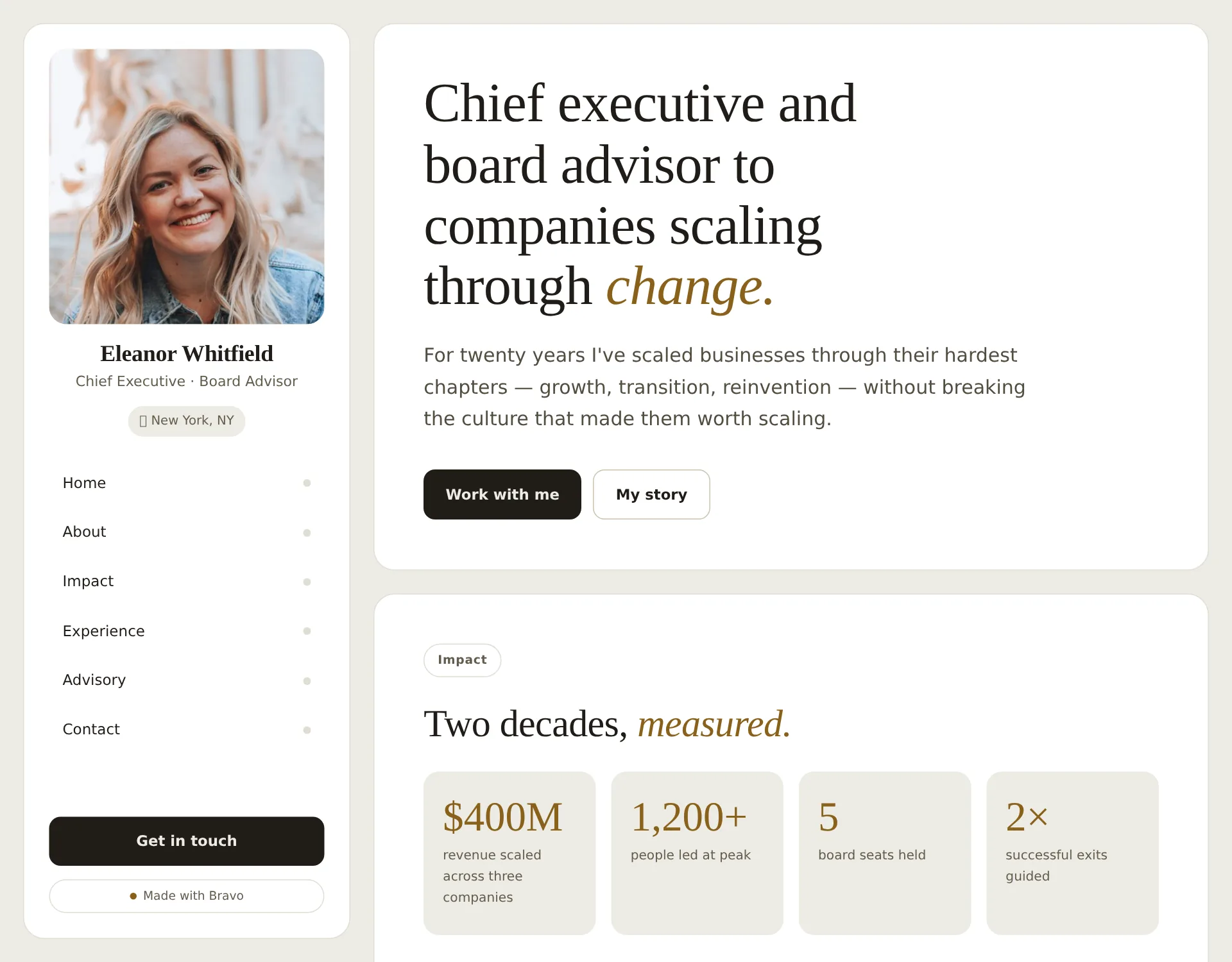 Eleanor Whitfield's Bravo site — chief executive & advisor